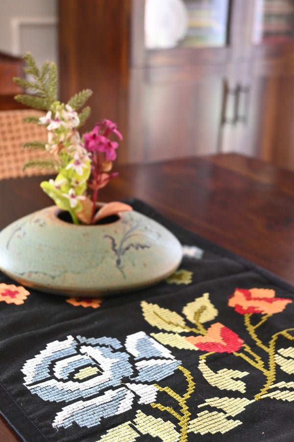 Floral Table Runner - Handwoven with Traditional Patterns (Black)