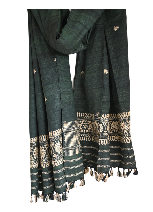 Assamese Eri Silk Stole - Handcrafted Luxury and Elegance (Dark Green)